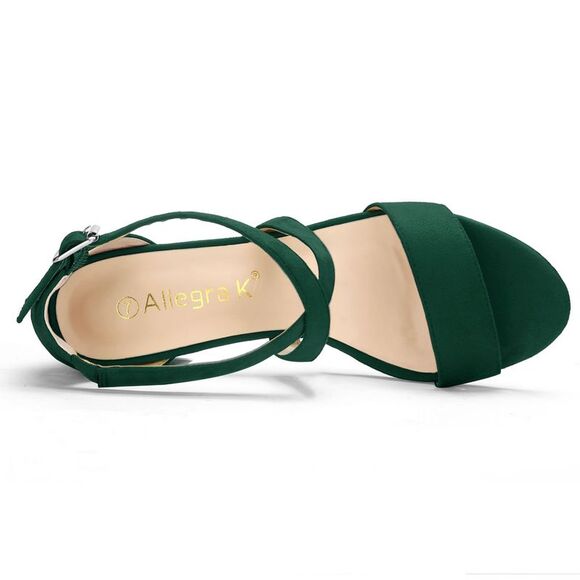 Women's Open Toe Crisscross Ankle Strap Mid Block Heel Green Sandals - Picture 4 of 6